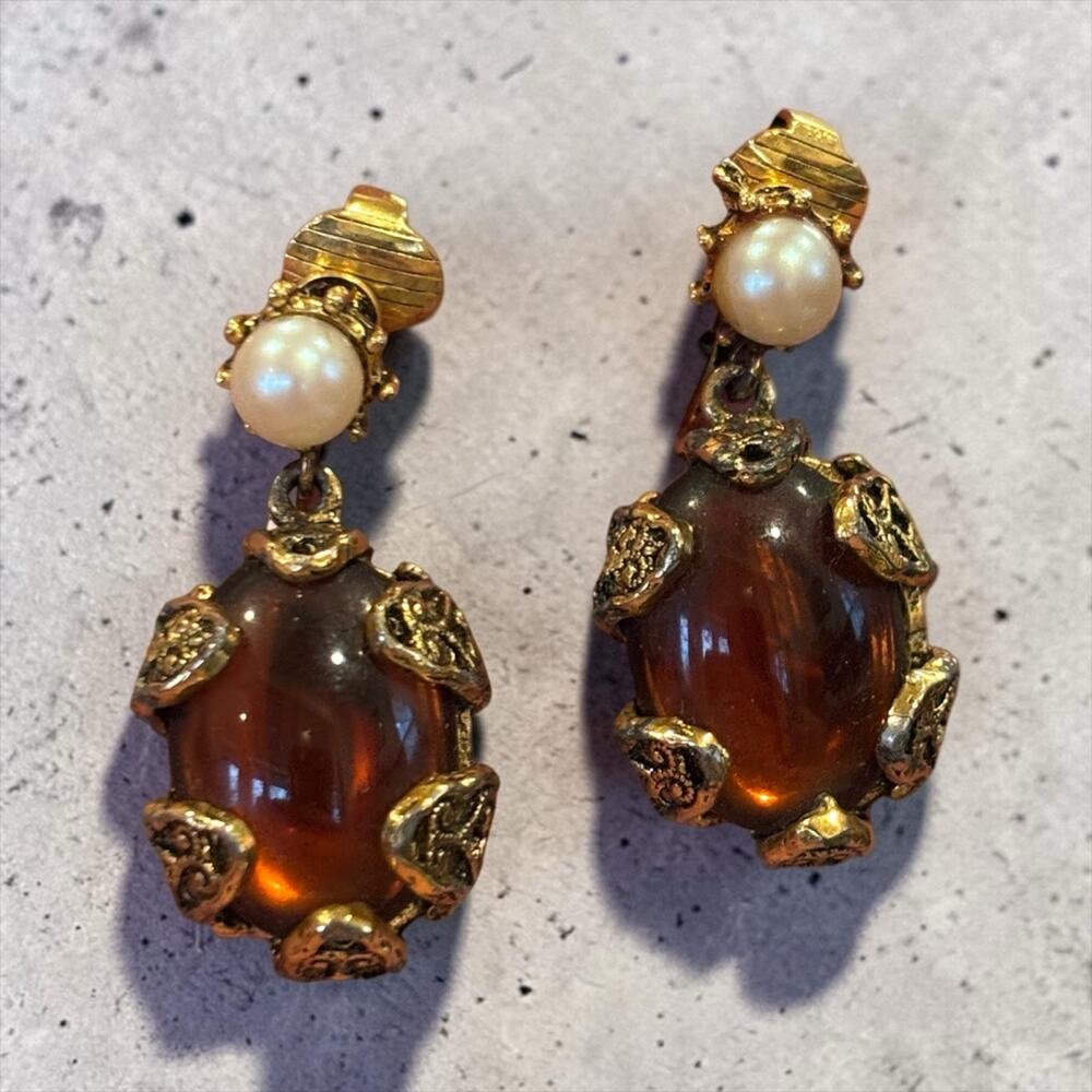 Amber Glass Drop Earrings Pearl Accent Hollycraft Signed Gold Tone 1950s Clip On